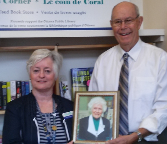 Former library staffer Karen Craig with former Rideau MP and local historian Bill Tupper at the opening of Coral's Corner in 2015.